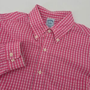 Brooks Brothers Mens Slim Fit Seersucker Button Down Pink Plaid Shirt M